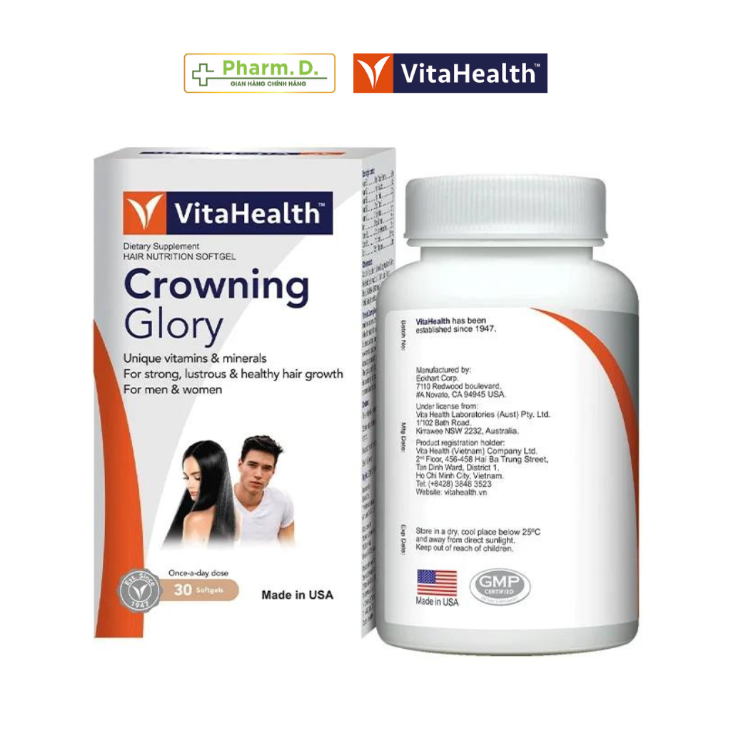 Viên Uống Hỗ Trợ Mọc Tóc, Giảm Gãy Rụng Tóc, Tóc Bạc Sớm VITAHEALTH Crowning Glory (30 Viên)