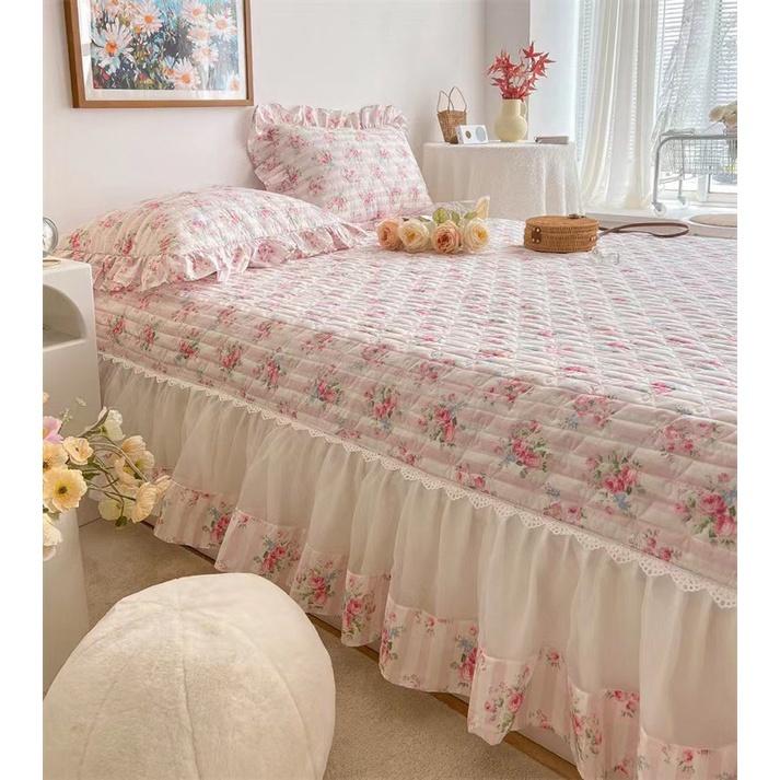 Chăn Ga Gối Cotton Đũi Viền Bèo - Xanh Biển Viền Trắng
