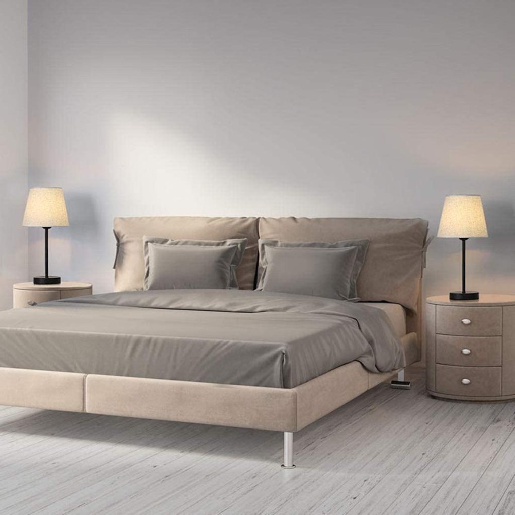 2xMetal Bedside Table Lamps Base 3-Way Dimmable Fabric Lampshade Desk Light