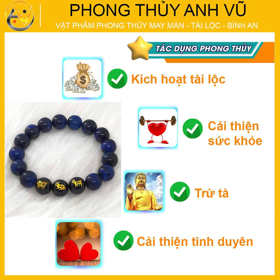 Vòng tay phong thủy tài lộc đã khai quang - tam hợp hợi mão mùi chất liệu đá mắt hổ - size 8 10 12ly - Vòng Tam Hợp Anh Vũ