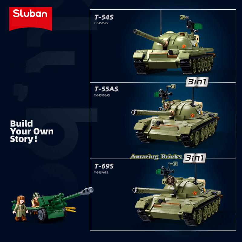 Đồ chơi Lắp ráp xe tăng chiến đấu T-54S, Sluban 1135 xoay 3 dạng mô hình, Xếp hình thông minh, Mô hình xe tăng