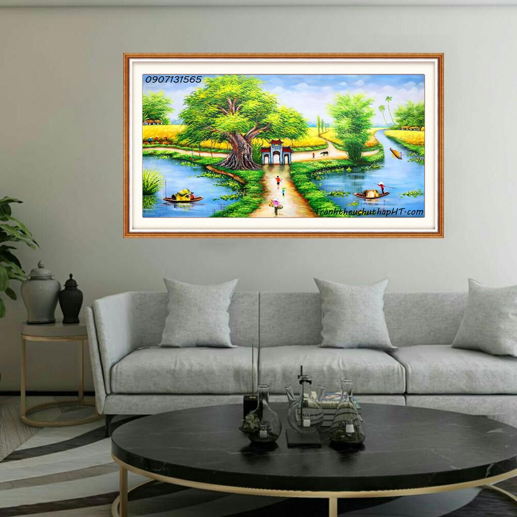 Tranh đính đá phong cảnh Cây đa cổng làng LV061 - tự đính