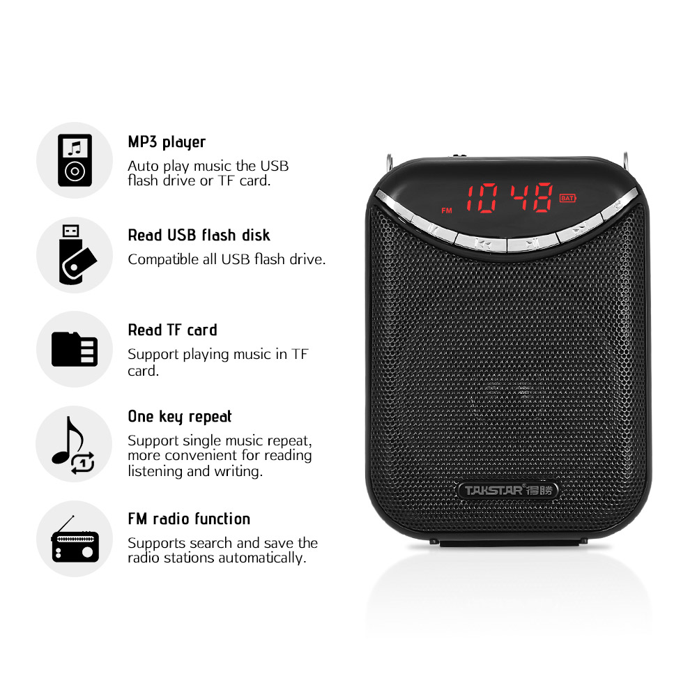 ROGTZ - Máy trợ giảng không dây và có dây E190M Chống ồn chủ động Kết nối micro wireless 5 chức năng tiện ích Pin Lithium dung lượng lớn 18500mAh 8-12h Độ bền cao Hỗ trợ thẻ nhớ gắn ngoài 128Gb Nguồn 5V 750mA Giảng viên MC Diễn giả Hàng Chính Hãng