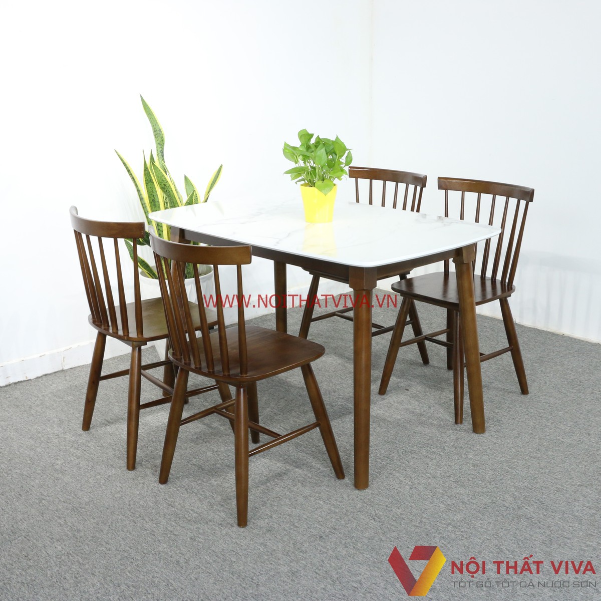 Bộ Bàn Ăn Mango 4 Ghế Nan Màu Nâu Mặt Giả Đá Đẹp Giá Rẻ
