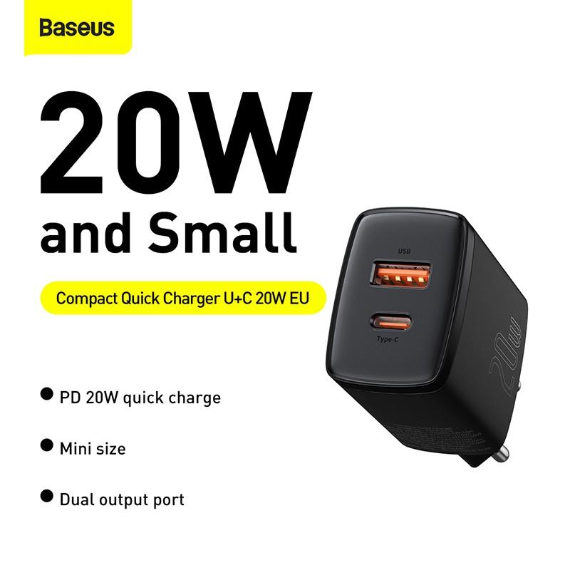 Cốc sạc siêu nhỏ gọn 20W Baseus Compact Quick Charger (USB + Type C, công suất 20W) - Hàng Chính Hãng