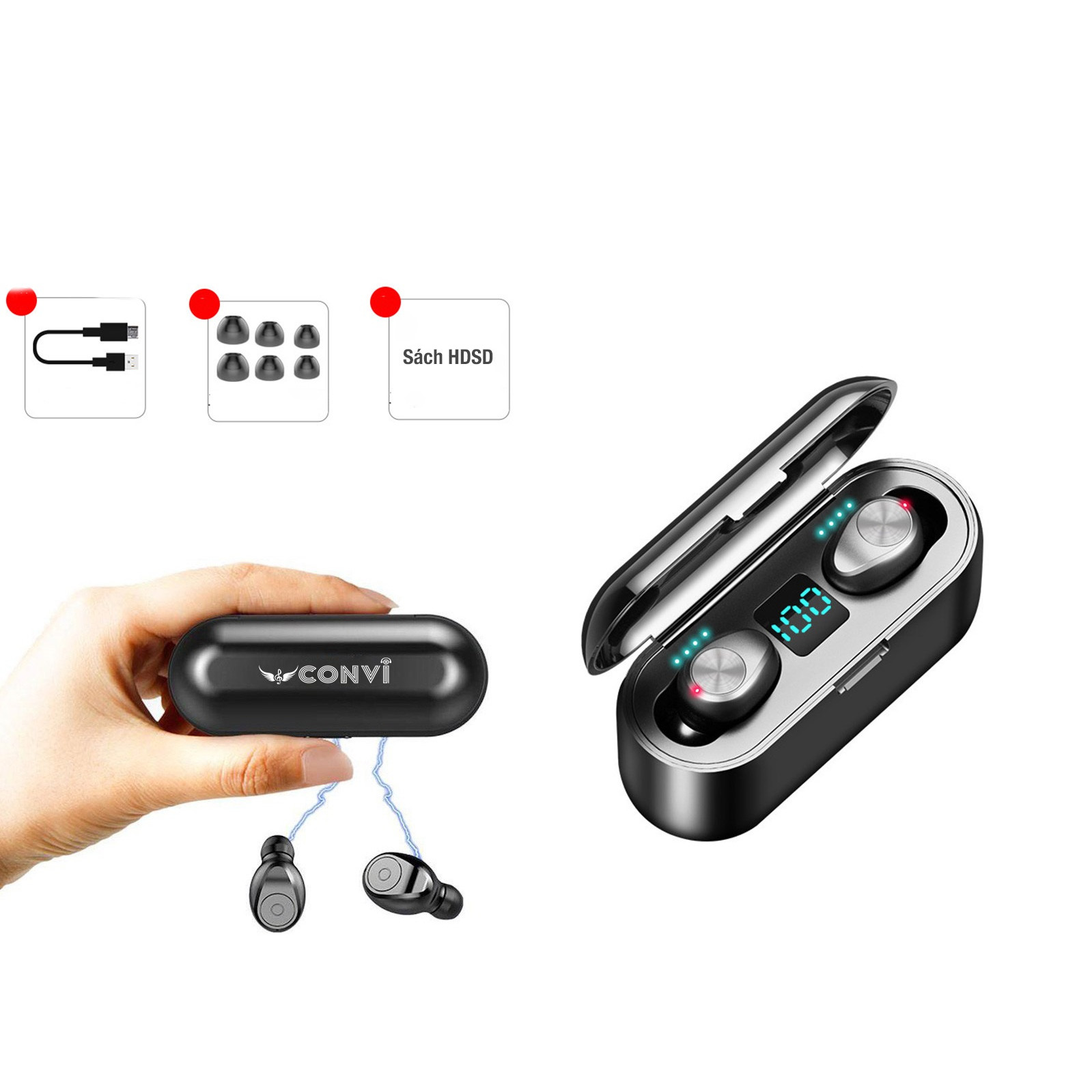 Tai Nghe Bluetooth Thể Thao True WireLess CONVI CVF9 Touch | Âm thanh 8D Hifi | Nút cảm ứng | Kháng nước IPX5 | Pin 1200 mAh kiêm sạc dự phòng | Đèn led hiển thị pin - Hàng Chính Hãng