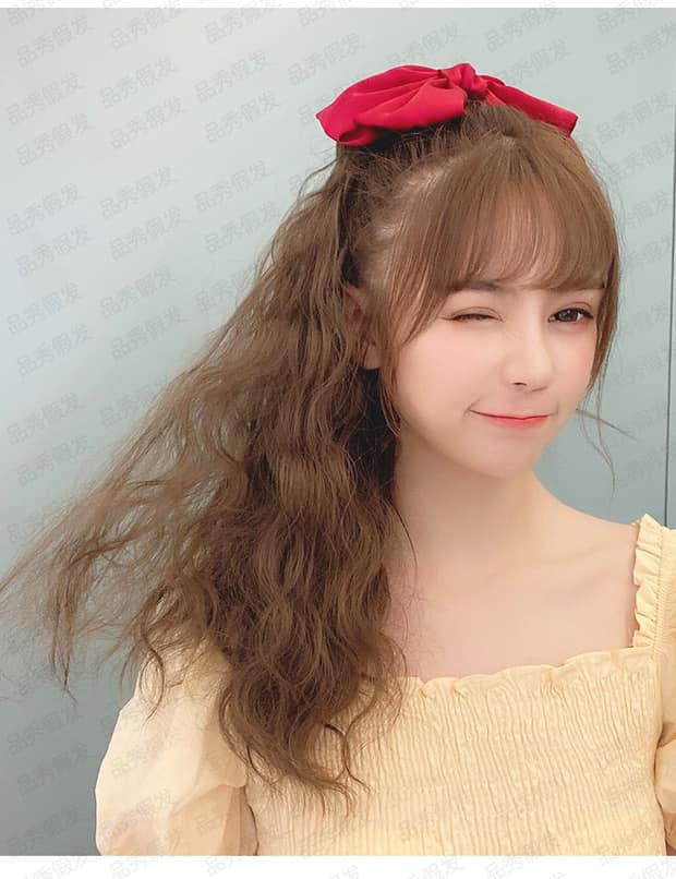 Tóc giả nữ cột xù nơ đỏ, tóc giả buộc nơ