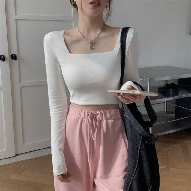 áo cổ vuông tay dài croptop - A4CRTCV - thun co giãn