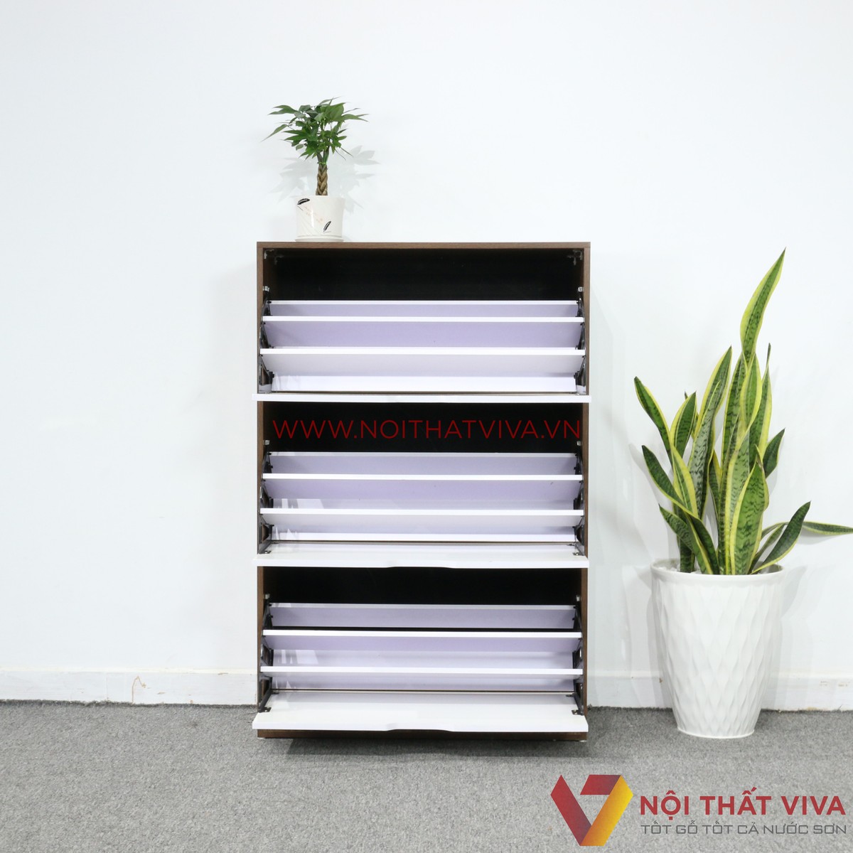 Tủ Giày Thông Minh Gỗ Công Nghiệp Màu Óc Chó 3 Tầng Cánh Trắng Gọn Đẹp