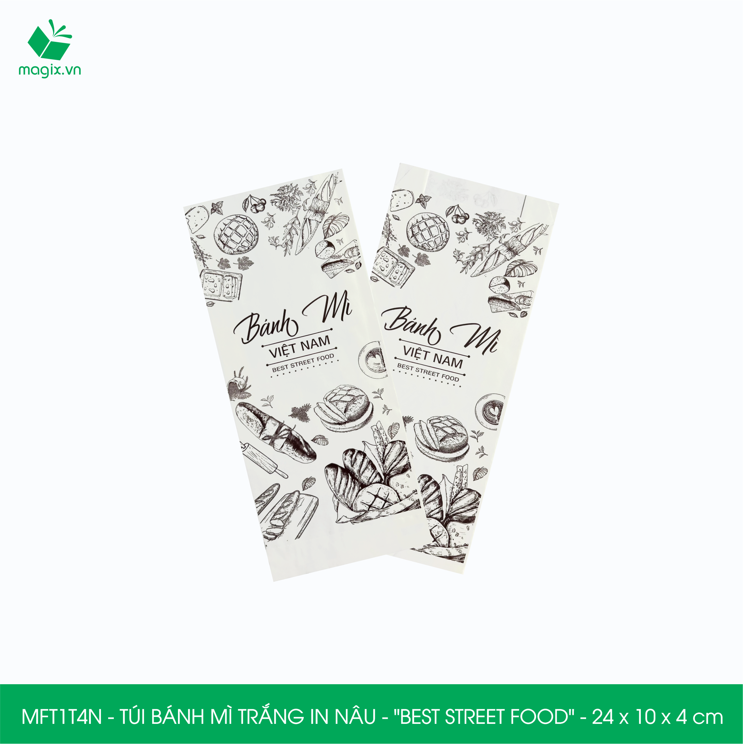 MFT1T4N - 24x10x4 cm - 100 Túi bánh mì Trắng, in sẵn họa tiết BEST STREET FOOD - Bao bánh mì Túi giấy thực phẩm an toàn