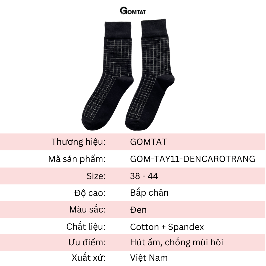 Tất Nam Công Sở Cổ Cao GOMTAT Màu Đen Caro Trắng Chất Liệu Cotton Cao Cấp Êm Mềm Đi Thoáng - GOM-TAY11-DENCAROTRANG