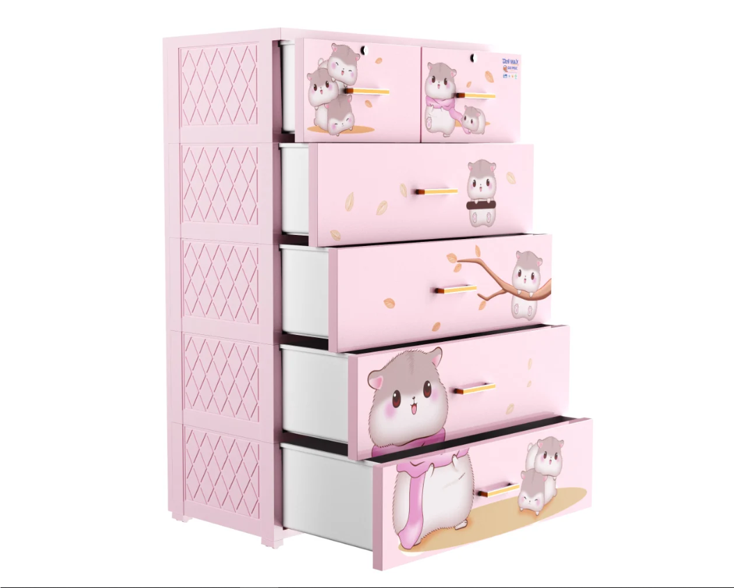 Tủ nhựa 5 tầng Qui Phúc D'eli Max màu hồng mẫu Chuột Hamster KT 900 x 490 x 1390 mm