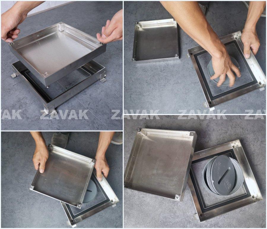 Nắp bể phốt Zavak MHE-25 KT25x25cm, chống nước, chống mùi, lát đá dày 2 cm chịu tải 1 tấn, inox 304