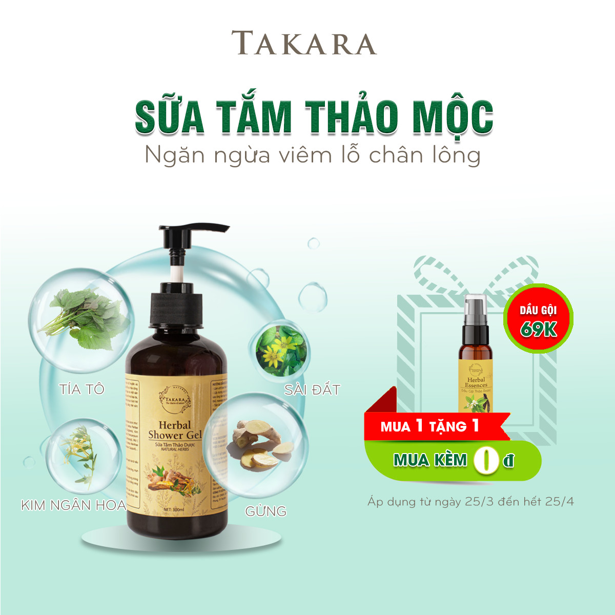 Sữa tắm thảo mộc thiên nhiên Takara giúp ngăn ngừa mụn giảm thâm dưỡng da trắng hồng mềm mịn khỏe tự nhiên 300ml