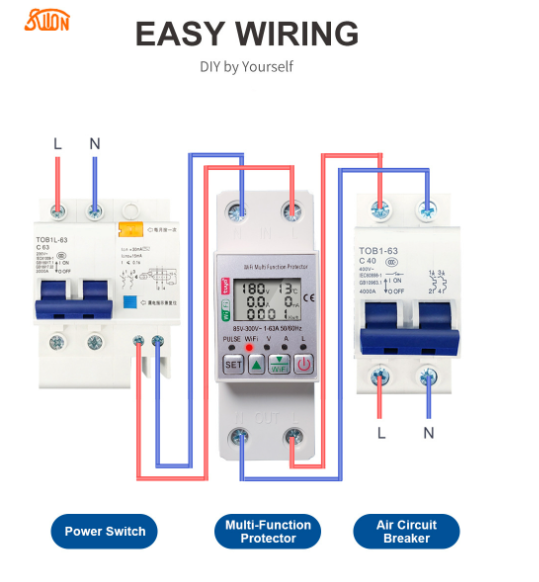 Công tơ thông minh wifi tuya 63A, aptomat chống rò rỉ điện, bảo vệ quá dòng, quá tải, đo điện năng tiêu thụ.