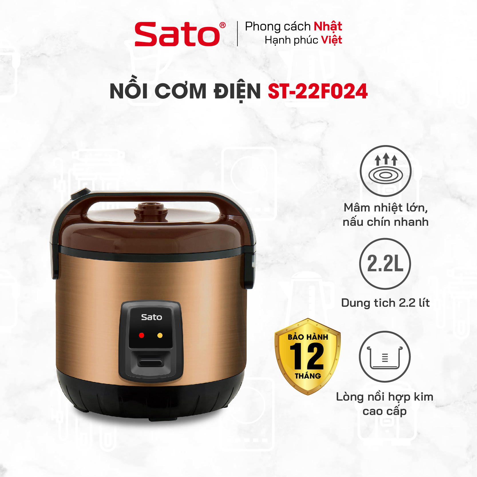 Nồi cơm điện 2.2L SATO 22F024 - Giúp nấu chín cơm dễ dàng, thơm ngon - Hàng chính hãng