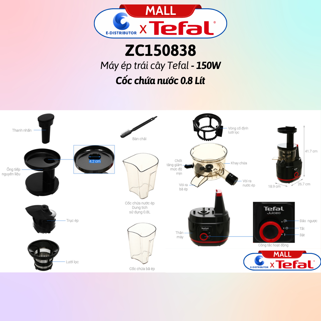 Máy ép trái cây Tefal ZC150838 - Hàng Chính Hãng - Công suất:  150W- Tốc độ:  1 tốc độ , có xoay đảo chiều