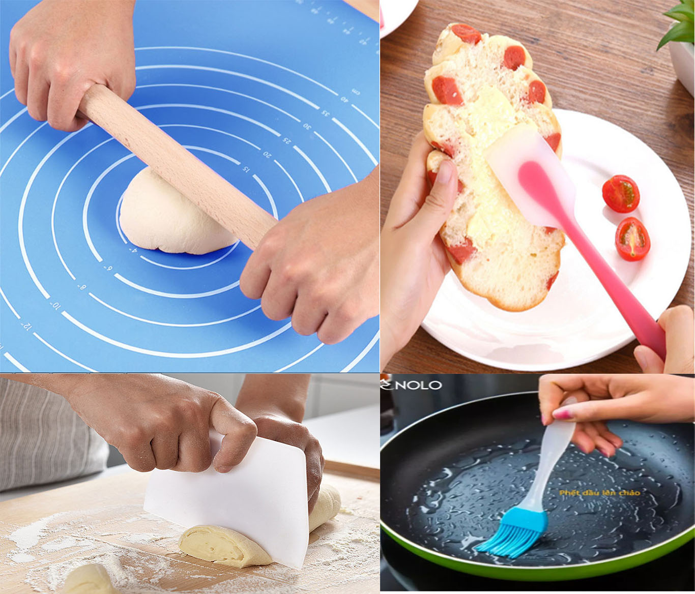 Combo 4 món làm bánh thảm nhào bột silicone 50cm cây lăn bột gỗ 30cm miếng vét bột 13.5cm và phới đánh bột 27cm-Tặng cọ quét đa năng