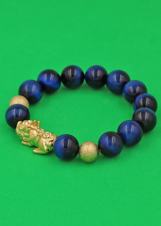 Vòng đeo tay Đá Mắt Hổ Xanh Đen 12 ly - cẩn Tỳ Hưu Phong Thủy inox vàng VMHXETHHBV12 - hợp mệnh Mộc, mệnh Thủy