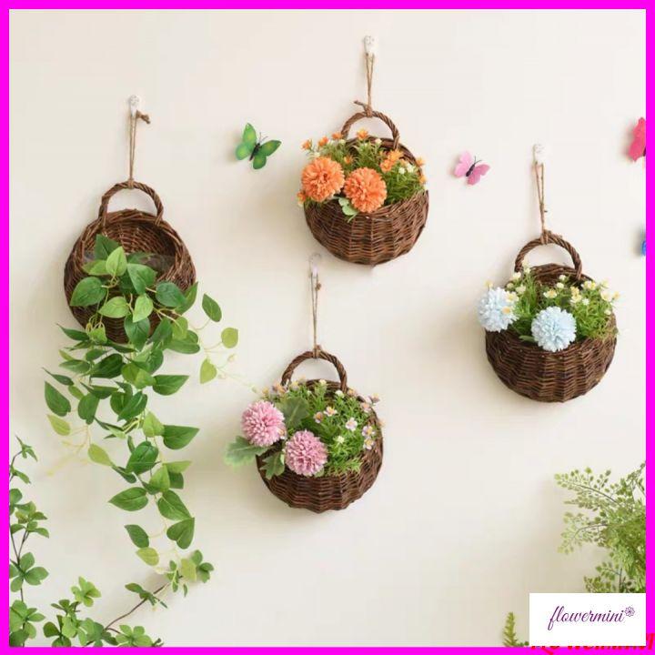 Giỏ mây đan cắm hoa giả, hoa lụa trang trí nhà cửa, quán hàng
