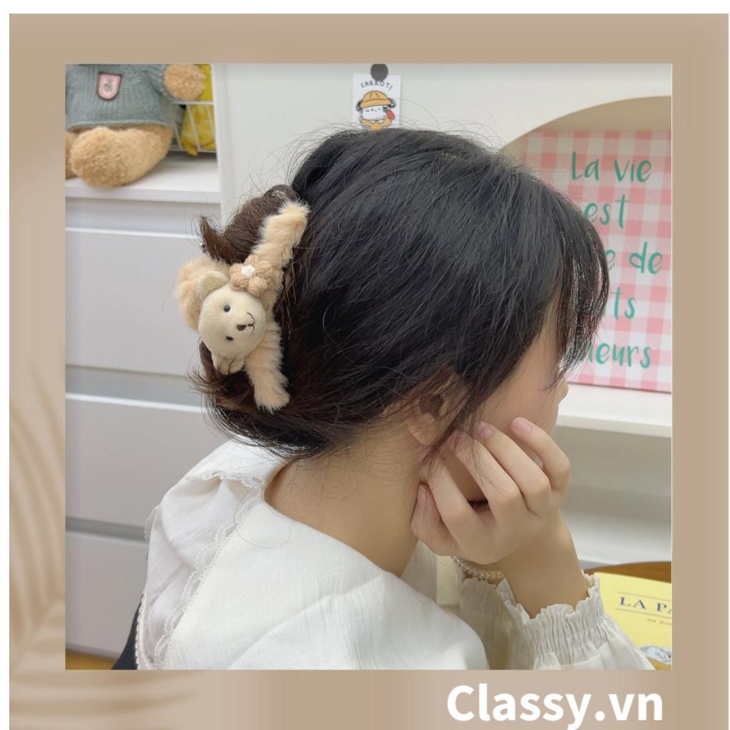 Kẹp càng cua Classy đính lông đính nơ, đính hoa màu be sang trọng PK1626