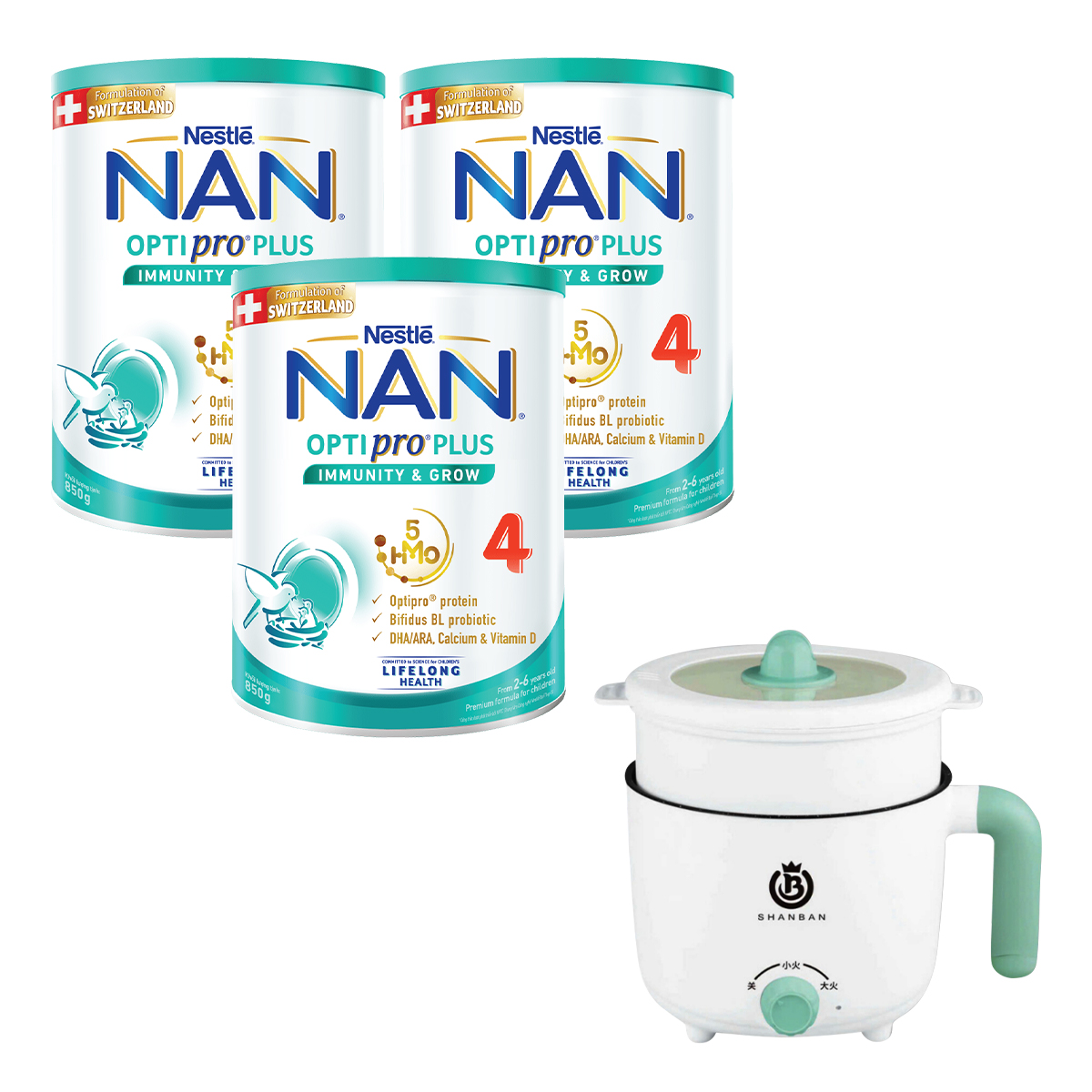 Bộ 3 Lon sữa bột Nestlé NAN OPTIPRO PLUS 4 850g/lon với 5HMO Giúp tiêu hóa tốt + Tăng cường đề kháng  Tặng Nồi lẩu điện (Mẫu ngẫu nhiên)