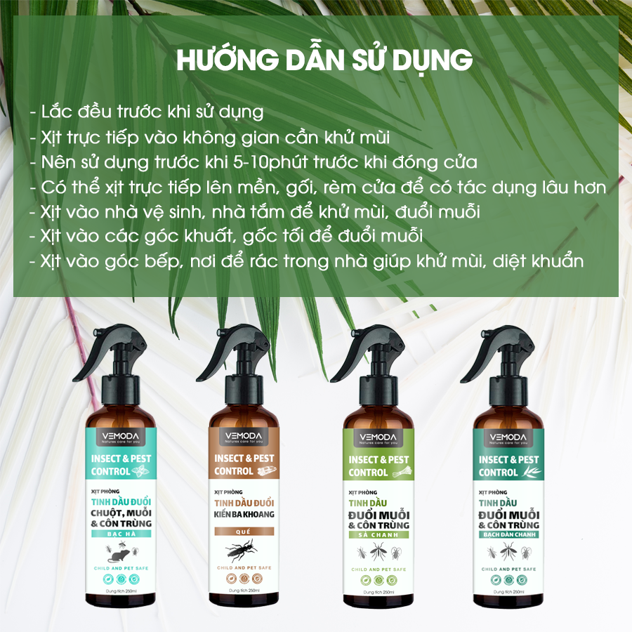 Bình Xịt phòng tinh dầu Sả Chanh, Bạc hà, Quế, Bạch đàn chanh Vemoda giúp đuổi muỗi, khử khuẩn, thơm phòng nhanh chóng. Chai xịt đuổi muỗi từ tinh dầu thiên nhiên