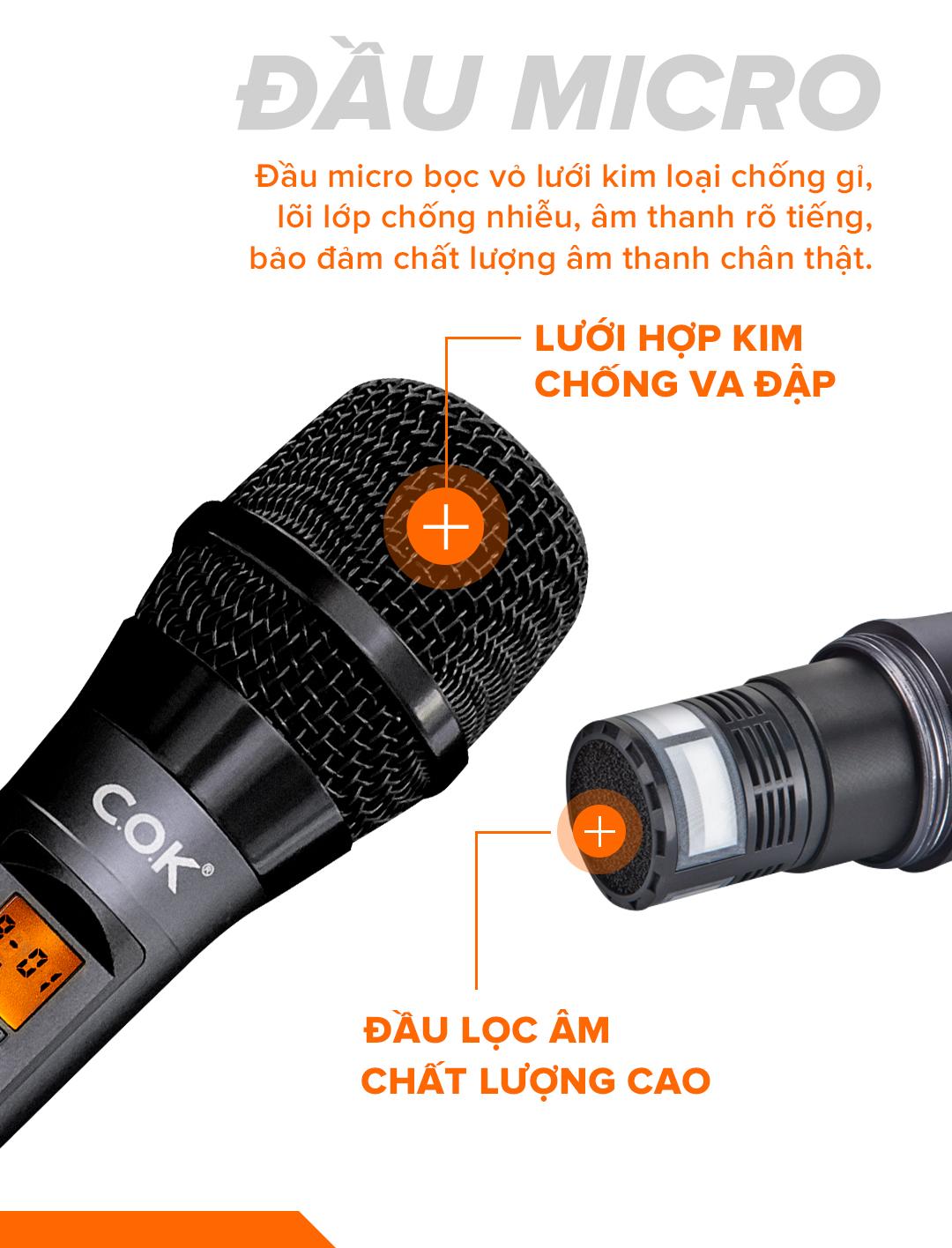 Micro không dây cao cấp C.O.K ST-213 (2 Mic), Dành cho loa kéo &amp; dàn âm ly, Jack 6.5, bắt âm tốt - Hàng chính hãng 100%