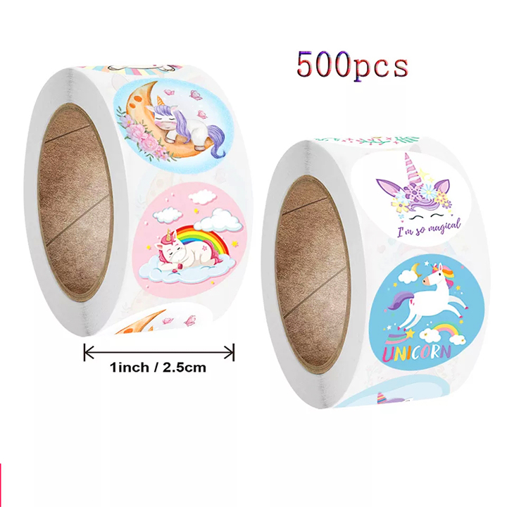 Sticker khen thưởng cho bé, cuộn 500 sticker Unicorn với nhiều họa tiết đáng yêu cho bé trang trí tập sách và góc học tập  – SST014