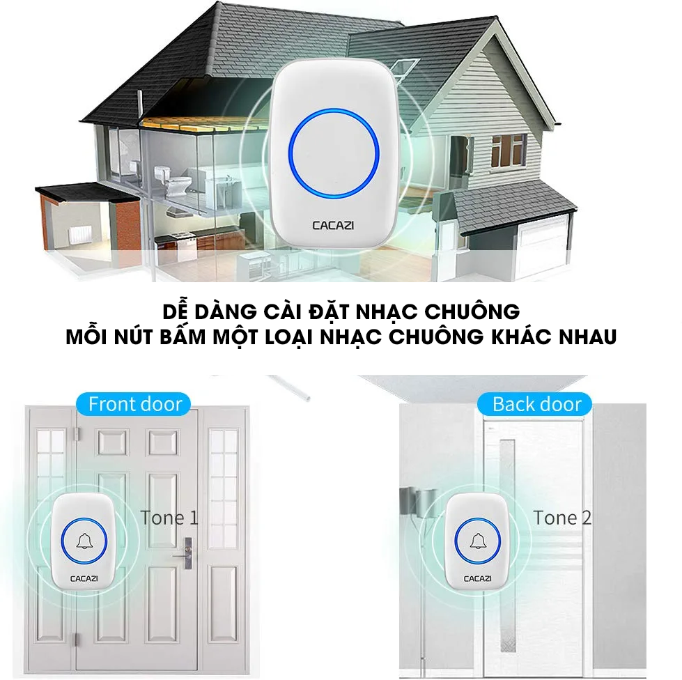 Chuông cửa không dây CACAZI khoảng cách sử dụng trong 300M, 3 mức âm lượng, 58 nhạc chuông, đèn flash Led - CA02