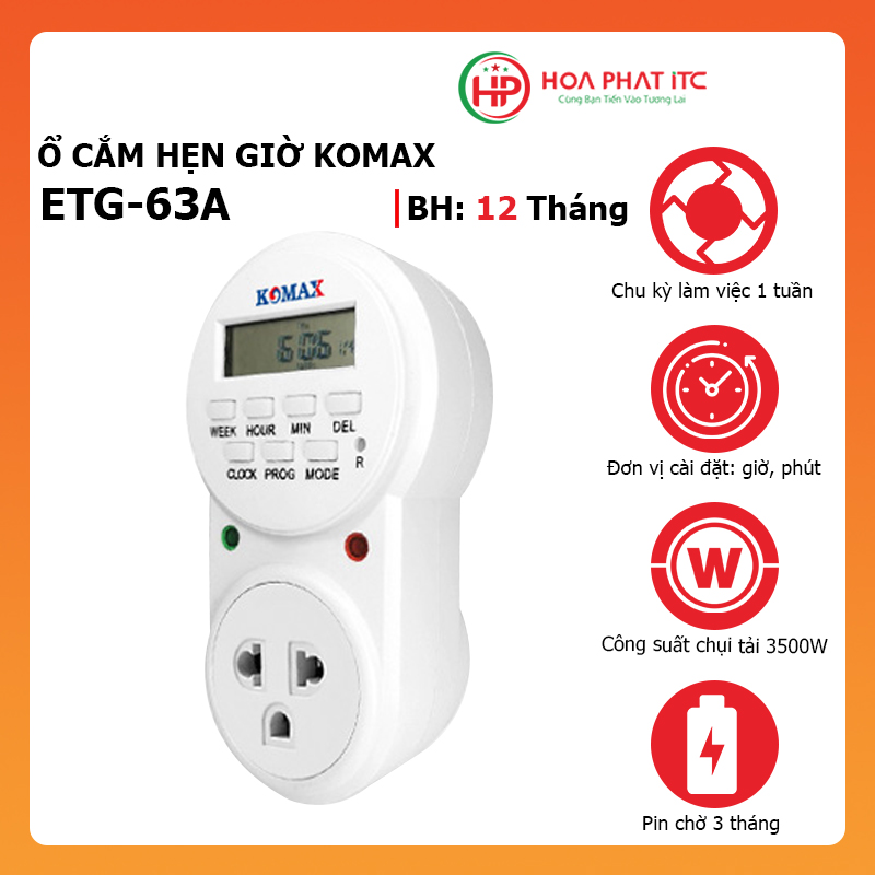 Ổ cắm hẹn giờ Komax ETG-63A tải điện 400w chu kỳ 7 ngày cài đặt giờ, phút, giây - Hàng chính hãng