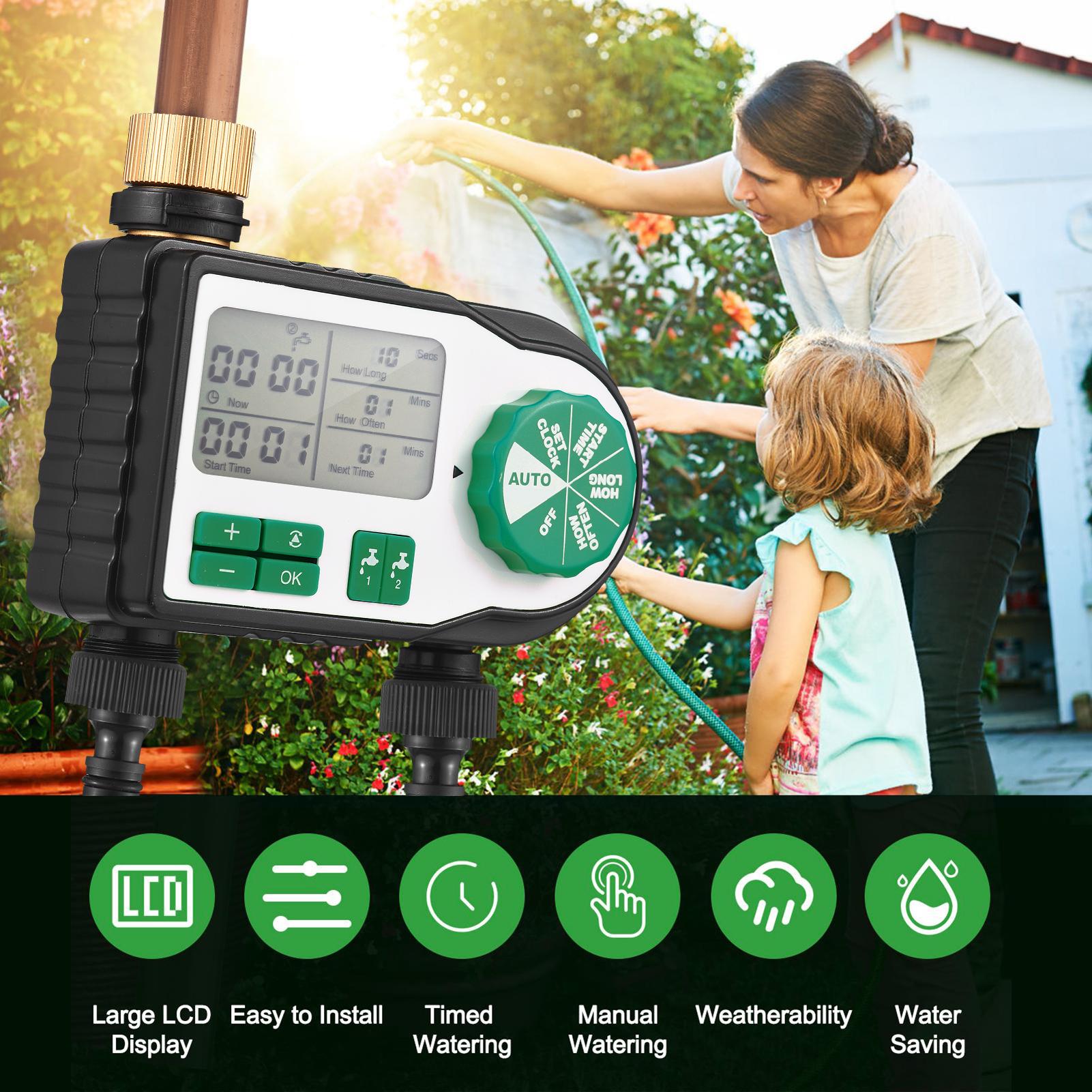 Digital Automatic Watering Timer with 2 Hose Connectors Programmed Garden Irrigation Timer Faucet Sprinkler Intelligent Irrigation Controller for Lawn Farmland Courtyard Greenhouse