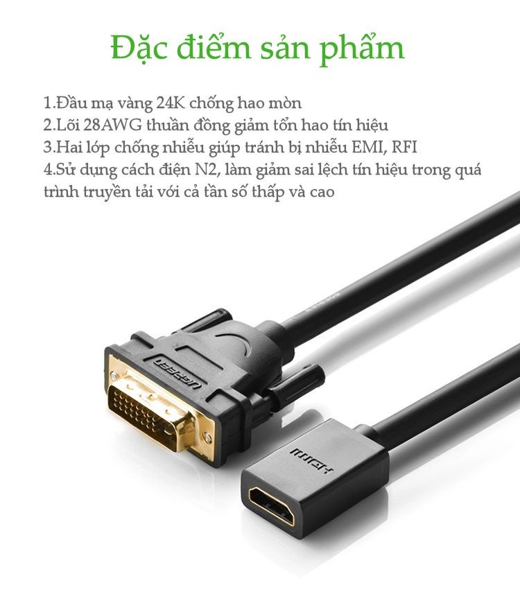 Cáp chuyển đổi DVI to HDMI Ugreen UG-20118 chính hãng