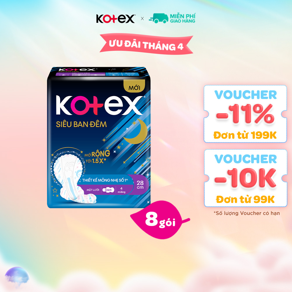 Combo 8 gói băng vệ sinh Kotex ban đêm mặt lưới 4 miếng 28cm, siêu mỏng cánh