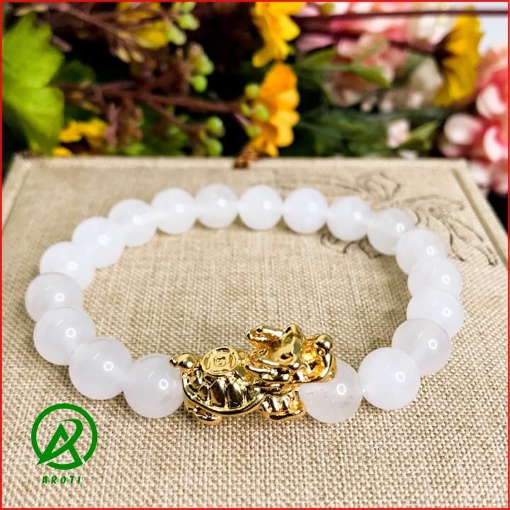 Vòng Tay Phong Thủy Kim - Vòng Tay Mã Não Trắng 8mm Mix Long Quy Vàng Độc Lạ V379-8