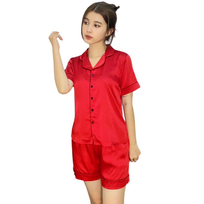 Bộ đồ Pijama lụa, đồ mặc nhà nữ VILADY - B125 kiểu quần đùi tay cộc họa tiết trơn, chất liệu lụa Pháp cao cấp - Màu đỏ đô