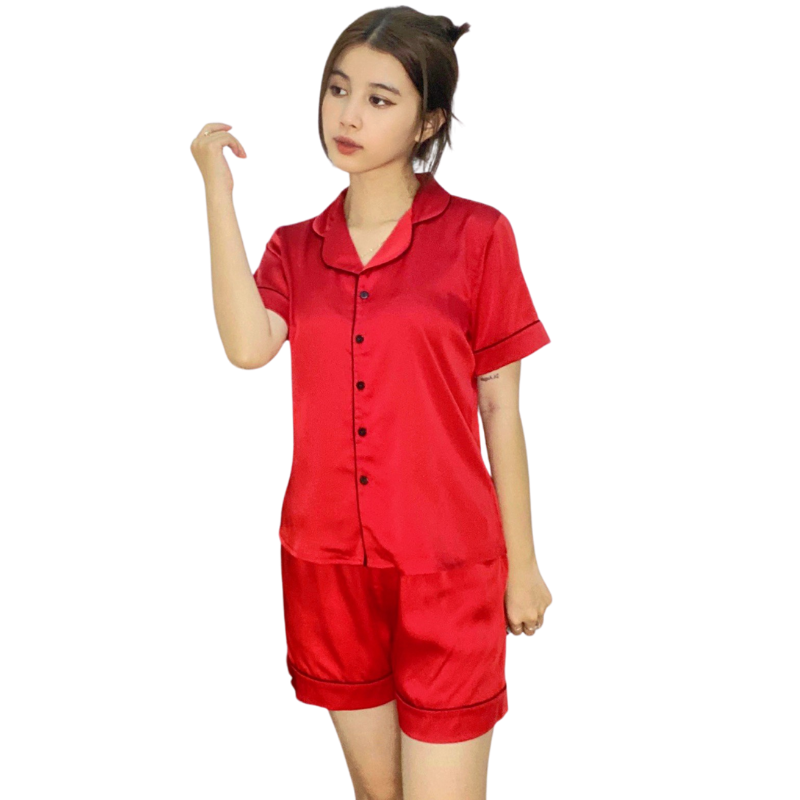 Bộ đồ Pijama lụa, đồ mặc nhà nữ  VILADY - B125 kiểu quần đùi tay cộc họa tiết trơn, chất liệu lụa Pháp (lụa latin) cao cấp - Màu đỏ đô