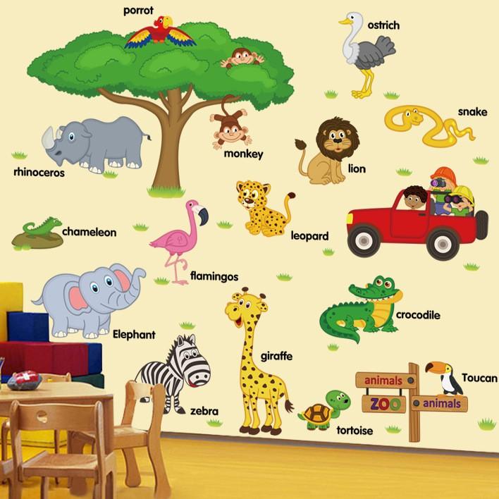 Decal dán tường Combo 2 tranh vườn thú tiếng anh + đoàn tàu happy