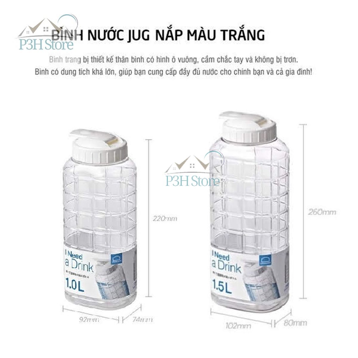 Bình đựng nước nhựa Lock&amp;Lock Chess Water Bottle 1.0L/1.5L Nắp màu trắng HAP810 HAP812 P3hstore