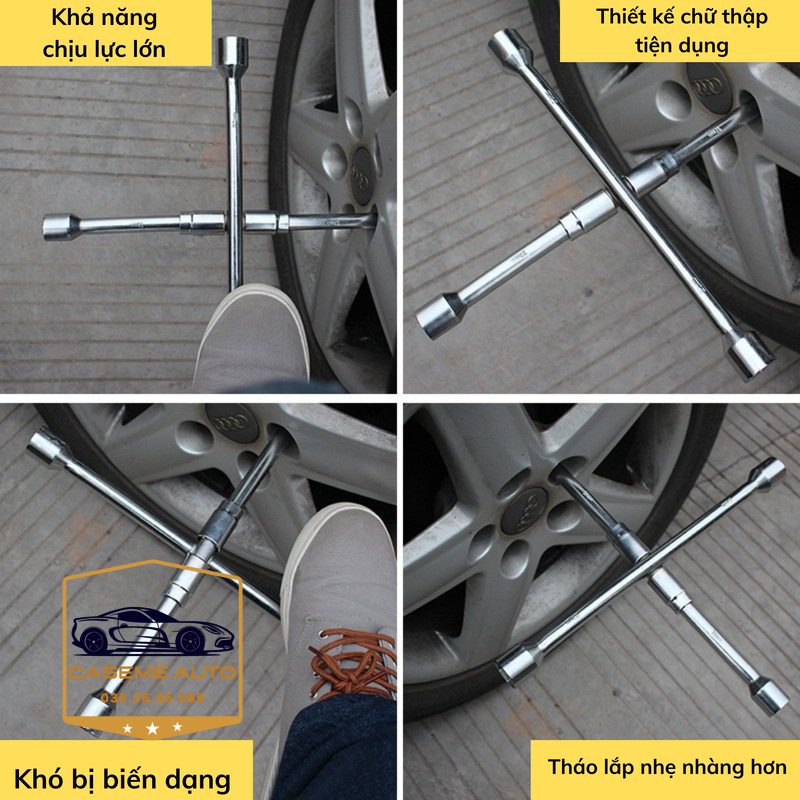 Bộ Cờ Lê 4 Đầu Thay Lốp Ô Tô Gấp Gọn - Tay Công Chữ Thập Đa Năng Thép Carbon Siêu Cứng (17-19-21-23mm) - Hàng Chính Hãng