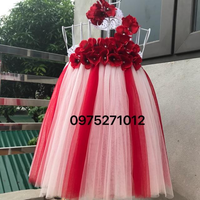 Đầm cho bé ️️ Đầm trắng pha đỏ tú cầu đỏ quai chéo