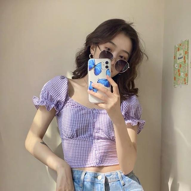 Áo caro croptop tay bồng phong cách Ulzzang Hàn Quốc