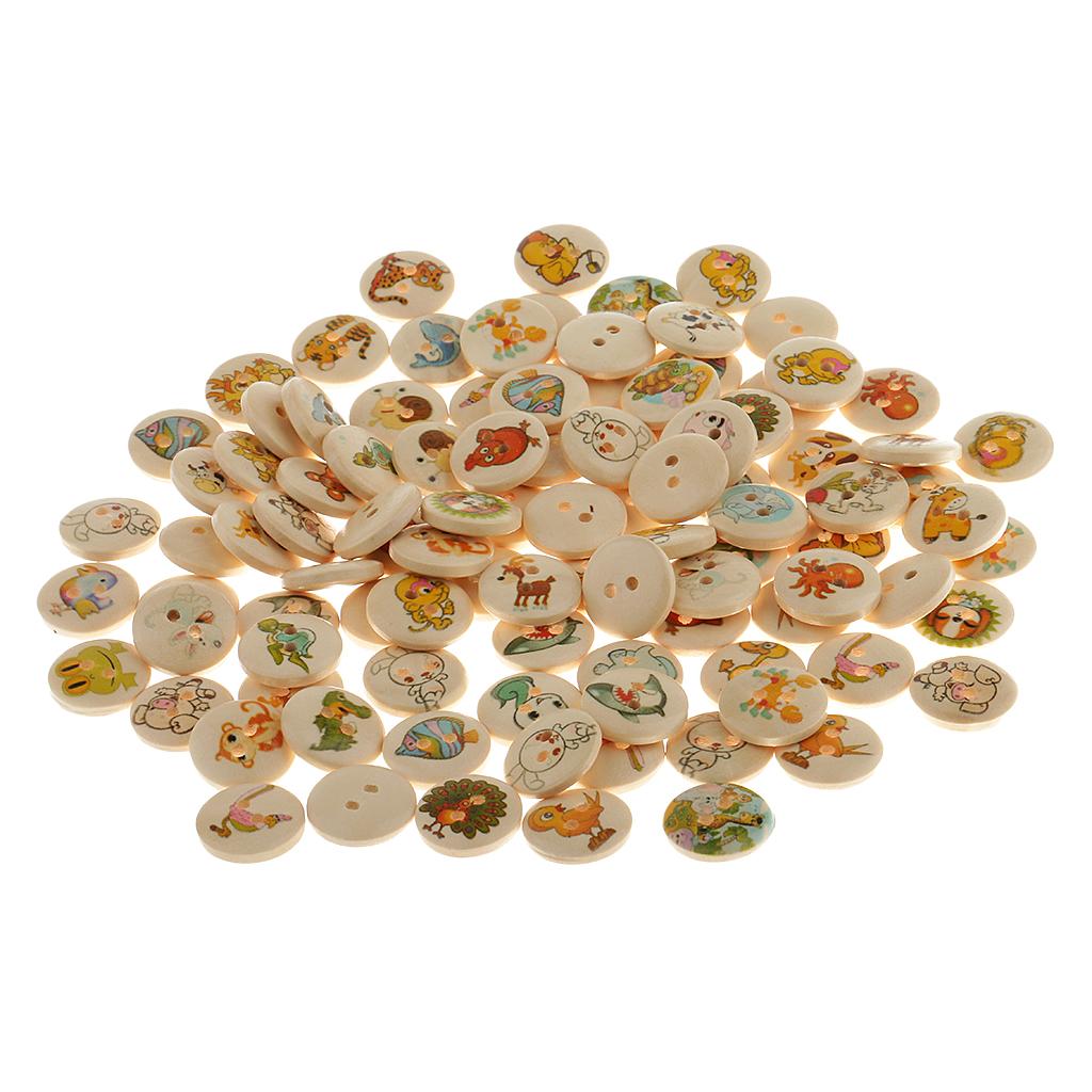 100pcs 15mm Animal Printed 2-Hole Flat Buttons Wood Button for Sewing Craft