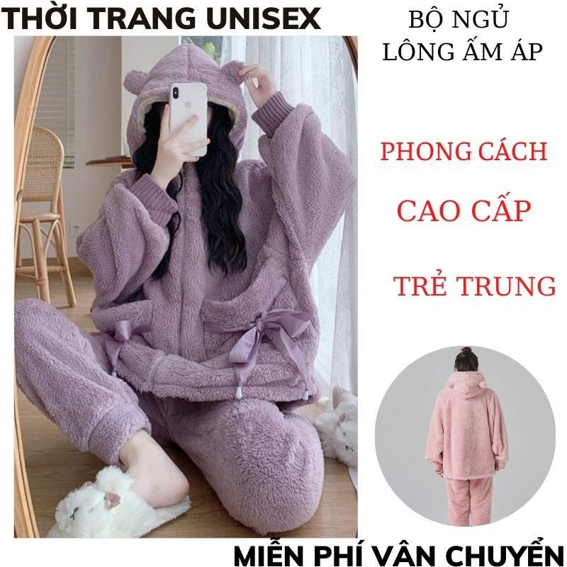Bộ lông cừu thu đông siêu ấm thắt nơ túi 2 màu hồng tím thời trang Hàn Quốc. Đồ bộ mặc nhà, bộ ngủ nữ.METSHOP