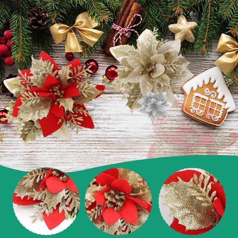 Sét 5 hoa trạng nguyên kim tuyến nhũ vàng đỏ size lớn 13cm trang trí cây thông noel vòng nguyệt quế tháp giỏ quà oản tài
