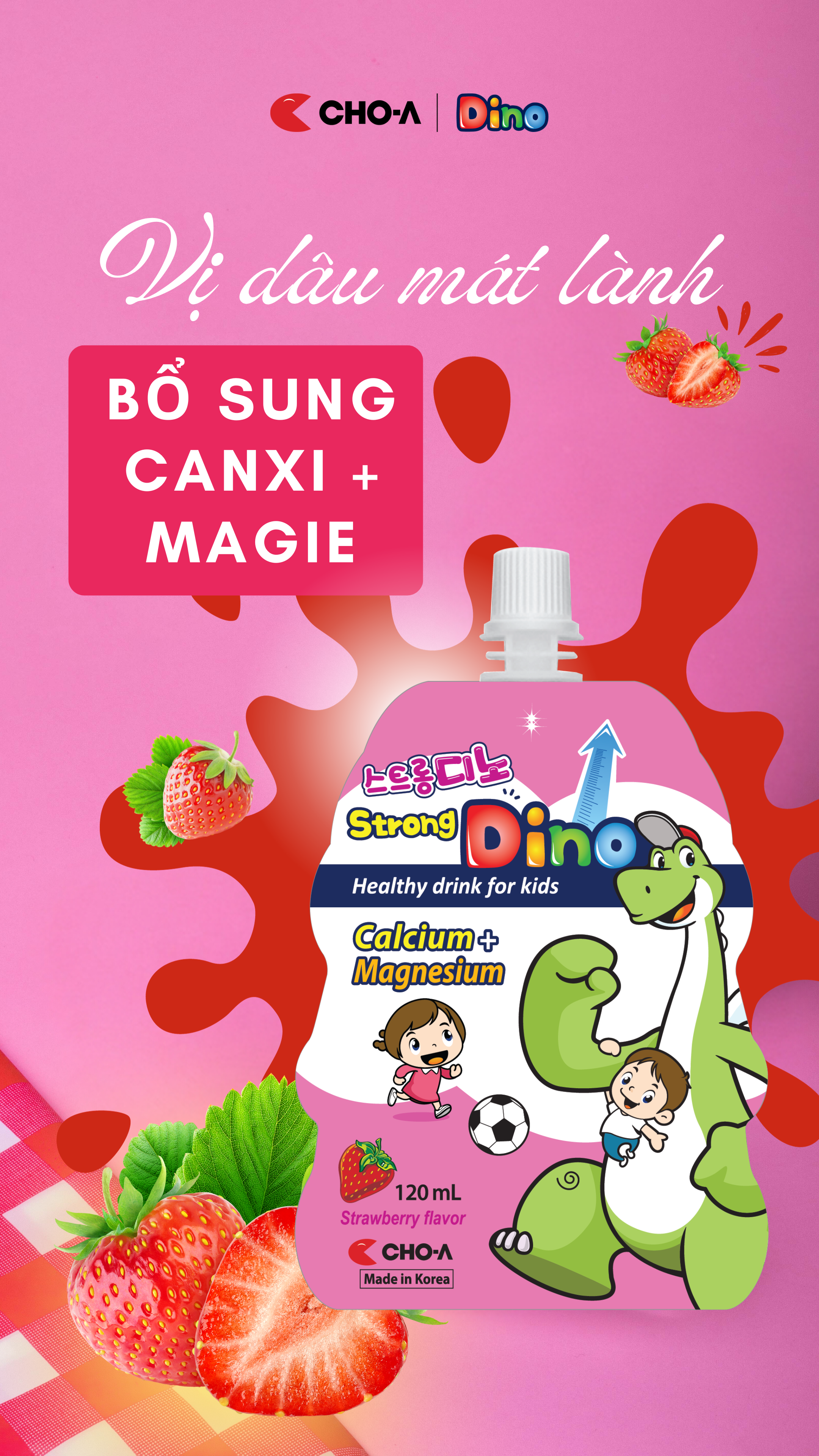 Nước Uống Dino Vị Dâu Bổ Sung Canxi Và Magie Cho Trẻ - Strong Dino (1 Gói x 120ml)
