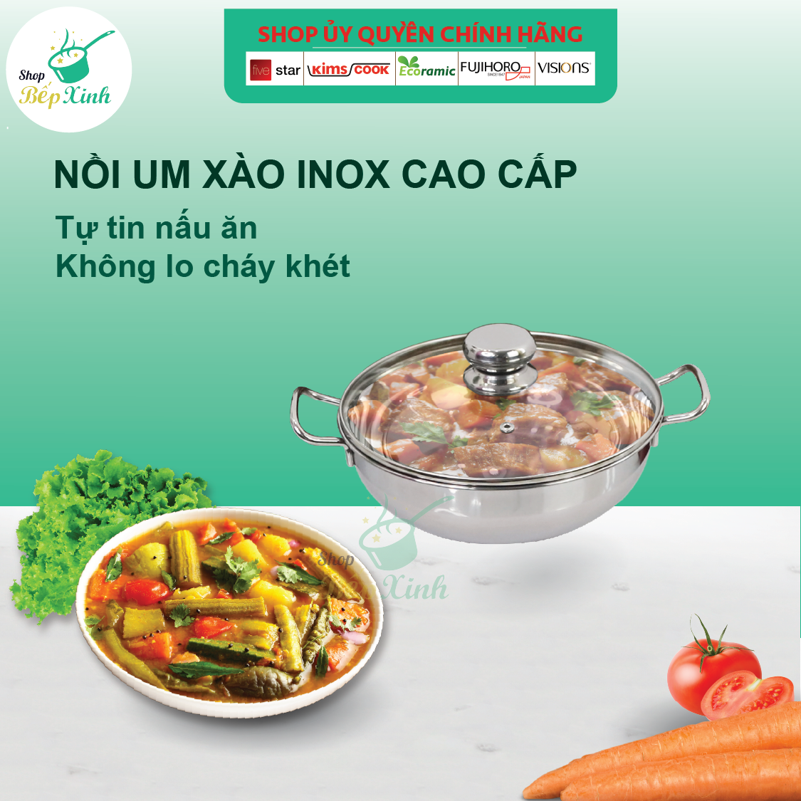 Nồi lẩu um xào 3 đáy inox 430 Fivestar bếp từ nắp kính tặng 5 muỗng ăn inox ( 24cm / 26cm / 28cm )