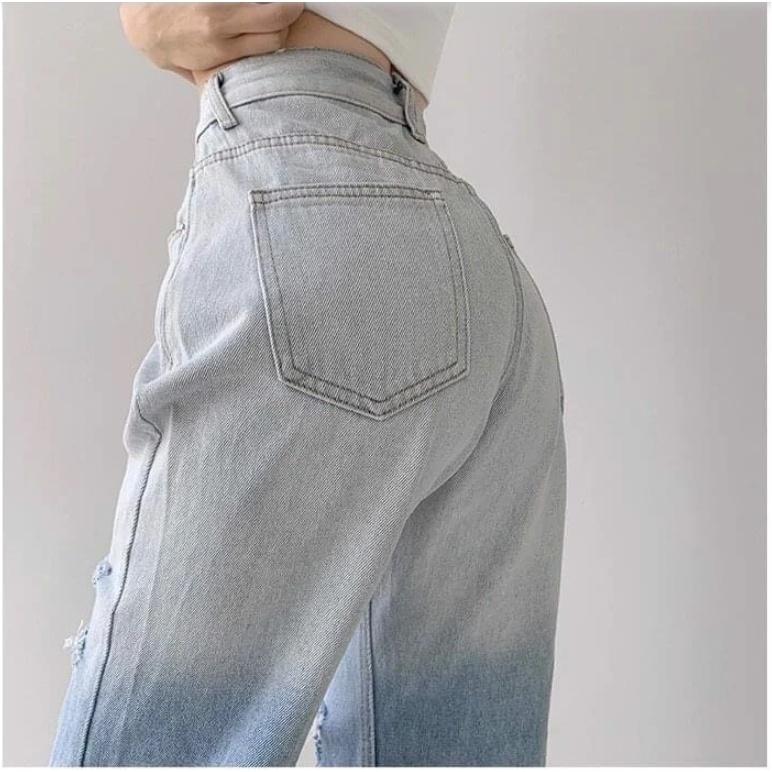 Quần jeans nữ ống rộng wash hai màu