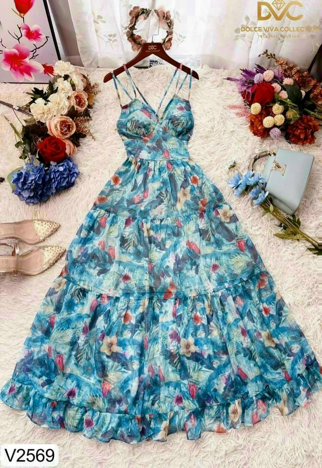 Đầm maxi hai dây có mút ngực đi biển màu xanh