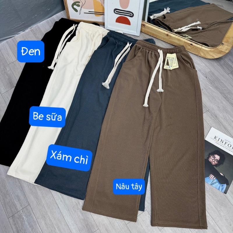 Quần thun dài bigsize nữ ống rộng phối dây cột trắng bản lưng chun co giãn Bigsize Cô Nhỏ - Q14 - Màu Đen